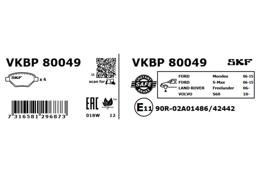 Jeu de 4 plaquettes de frein SKF ref. VKBP 80049